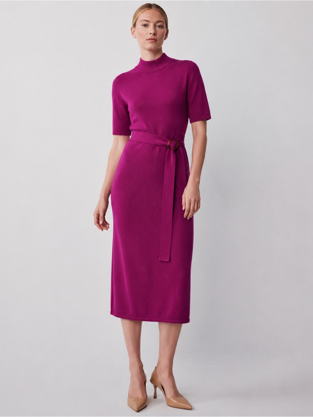 Ann Taylor Short-Sleeve Knit Midi Dress in Fuchsia